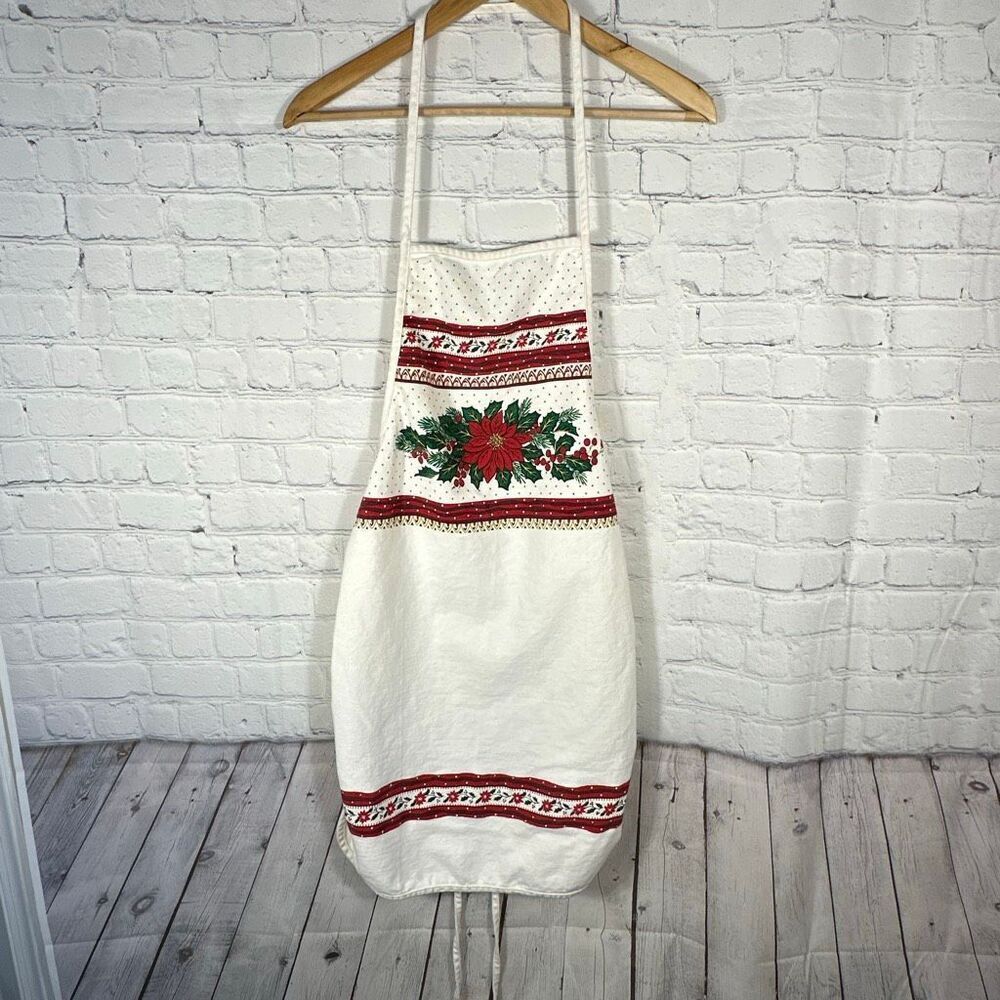 Vintage Christmas Apron Poinsettia Holly Border Butcher Holiday Baking